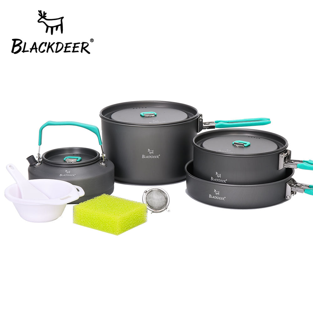 BLACKDEER Outdoor Camping Tableware Set Backpacking Picnic 2 Pot 1 Frypan 1 Kettle Alumina Durable Cookware  Folding Cooking Set
