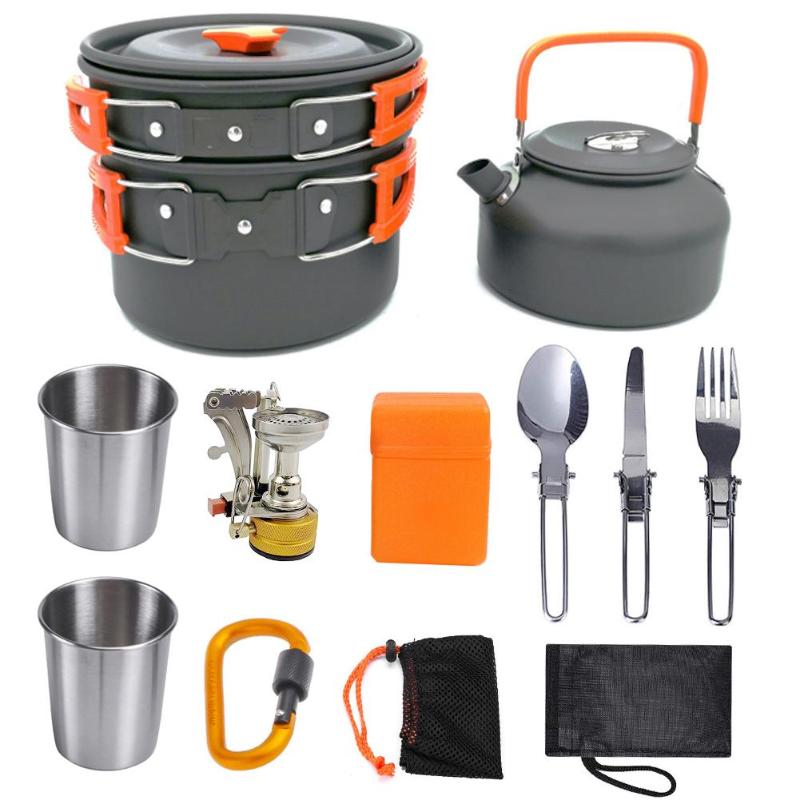Camping Cookware Kit Outdoor Cooking Set Water Kettle Pan Pot Travelling Hiking Picnic BBQ Tableware Equipment Tourism Tableware
