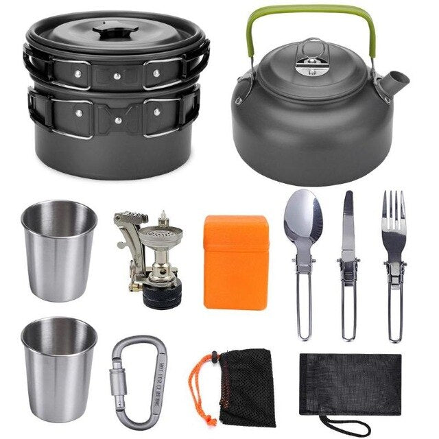 Camping Cookware Kit Outdoor Cooking Set Water Kettle Pan Pot Travelling Hiking Picnic BBQ Tableware Equipment Tourism Tableware