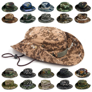 Men Women's Outdoor Wide Brim Sun Hat Side Snap Chin Cord Fishing Hiking Cap Camouflage Boonie Safari Summer Jungle Hunting Hats