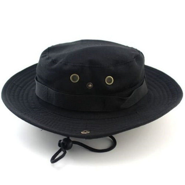 Men Women's Outdoor Wide Brim Sun Hat Side Snap Chin Cord Fishing Hiking Cap Camouflage Boonie Safari Summer Jungle Hunting Hats