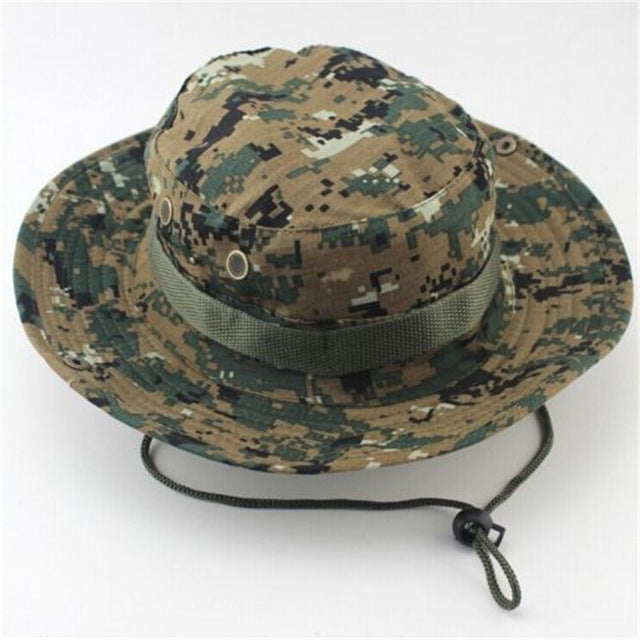 Men Women's Outdoor Wide Brim Sun Hat Side Snap Chin Cord Fishing Hiking Cap Camouflage Boonie Safari Summer Jungle Hunting Hats