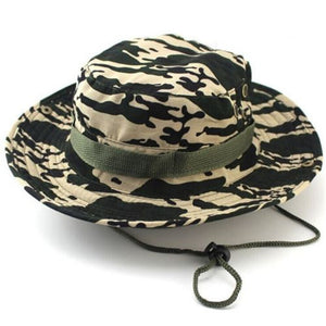 Men Women's Outdoor Wide Brim Sun Hat Side Snap Chin Cord Fishing Hiking Cap Camouflage Boonie Safari Summer Jungle Hunting Hats