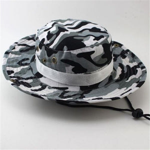 Men Women's Outdoor Wide Brim Sun Hat Side Snap Chin Cord Fishing Hiking Cap Camouflage Boonie Safari Summer Jungle Hunting Hats