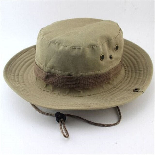 Men Women's Outdoor Wide Brim Sun Hat Side Snap Chin Cord Fishing Hiking Cap Camouflage Boonie Safari Summer Jungle Hunting Hats