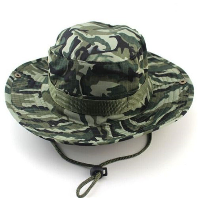 Men Women's Outdoor Wide Brim Sun Hat Side Snap Chin Cord Fishing Hiking Cap Camouflage Boonie Safari Summer Jungle Hunting Hats