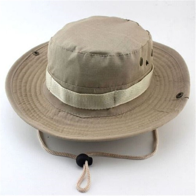 Men Women's Outdoor Wide Brim Sun Hat Side Snap Chin Cord Fishing Hiking Cap Camouflage Boonie Safari Summer Jungle Hunting Hats